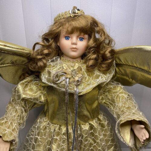 Vintage Animated Motion Porcelain Angel Doll Gold and Lace Christmas - Works - Picture 1 of 15