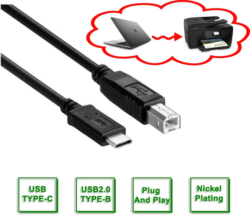 Extra Long USB-C Type C to USB-B Type B Printer Scanner Cable USB 2.0 High Speed - Image 4 of 4