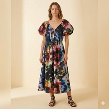 Ulla Johnson Midi Dress Womens 00 Multicolor Tie Dye Cotton Puff Sleeve Pockets