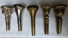 5 très anciens embouchures trombone, tuba / cor ténor "Selmer Bolero 2", "A34", "1"