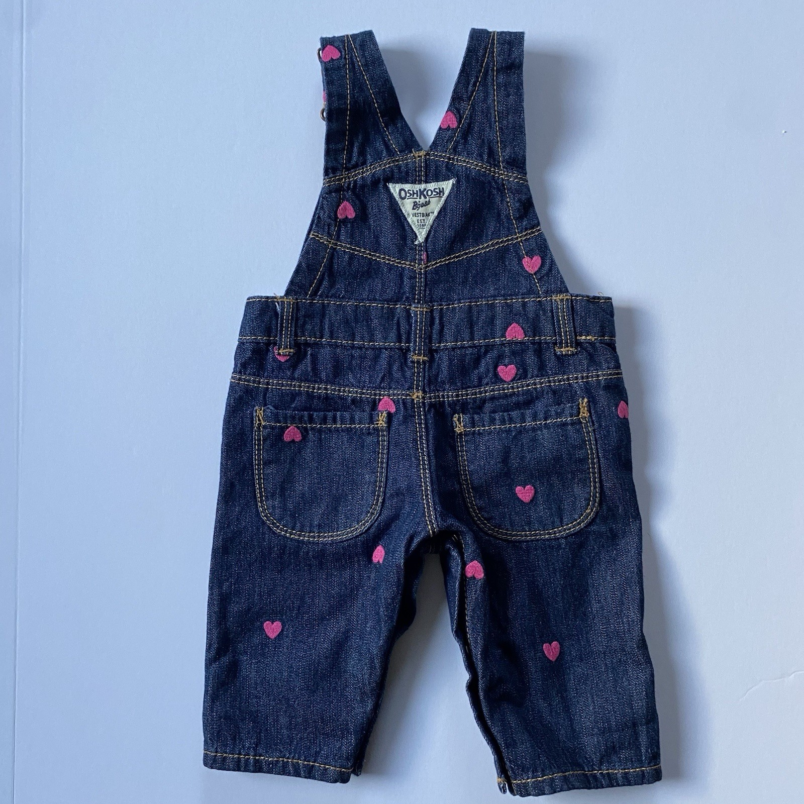 OshKosh B’Gosh Overalls Size 6 Months Pink Hearts Jeans EUC Baby Girls Osh Kosh
