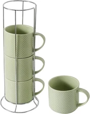Coffee Mugs Set with rack, 15 Ounce Porcelain Microwave & Dishwasher Safe, Green