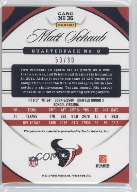 2012 Certified Materials Mirror Red /80 Matt Schaub #36 - Image 2 of 2