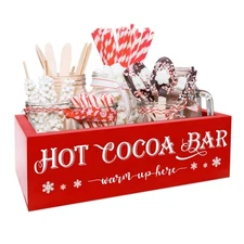 Christmas Hot Cocoa Wood Tray Holder Box Station for Home Kitchen Holiday Decor