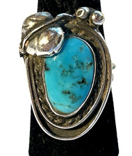 Vintage Navajo Sterling Silver Blue Turquoise Ring Leaf Beads Sz 6.5