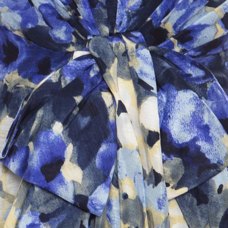 Abito Moschino blu floreale stampato lino seta barca collo a turni S