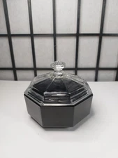 Black Glass Arcoroc Octime Trinket Candy Dish Bowl With Lid France 4-1/2”