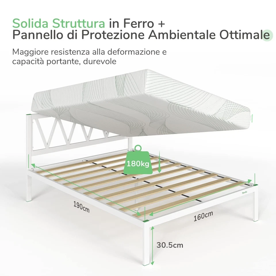 Novilla Rete Letto Matrimoniale 160x190 con Testiera e Pediera Struttura Letto a - Immagine 2 di 4