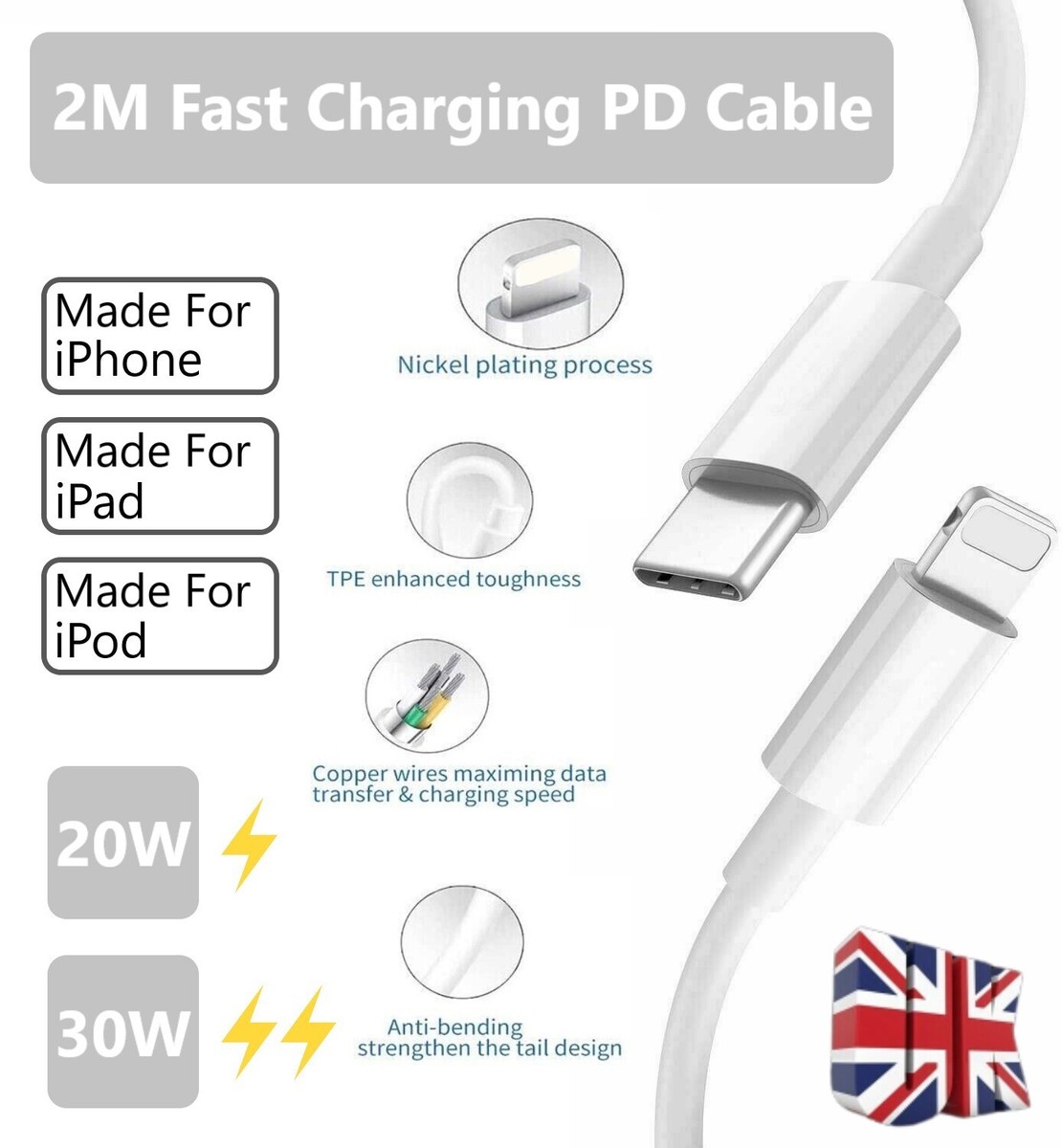PD USB Type C to iOS Fast Charger Cable for Apple iPhone 14 13 12 11 Pro  Max UK