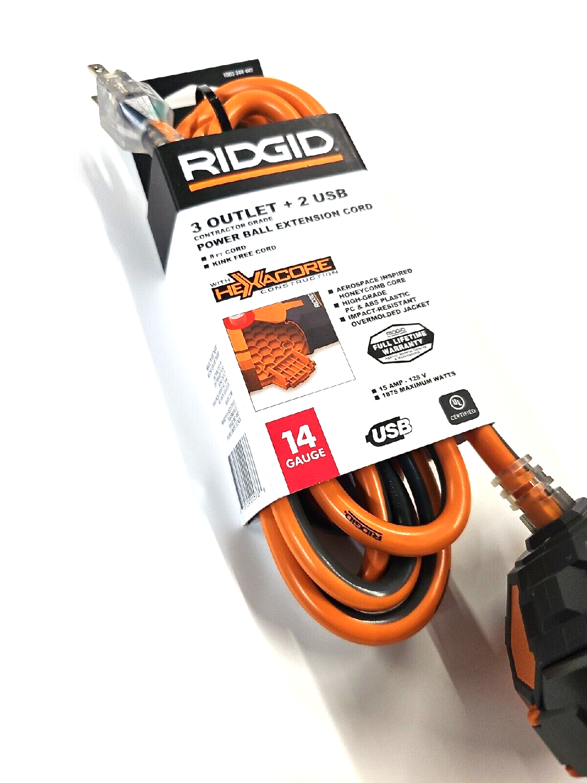 RIDGID 3Outlet Power Ball Extension Cord 2 UBS ports 14 Gauge heavy