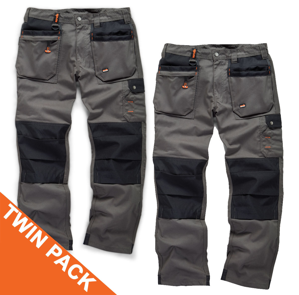 Scruffs WORKER PLUS Work Trousers TWIN PACKS with Knee Pads & Clip Belt