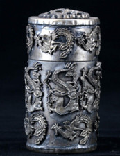 Collectible Chinese Old Silver copper Handwork carved Dragon Toothpick Box