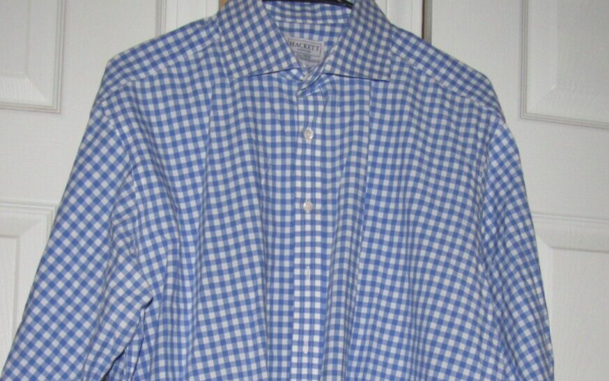 HACKETT LONDON Dress Shirt 16 1/2 French Cuff Blue White Check All