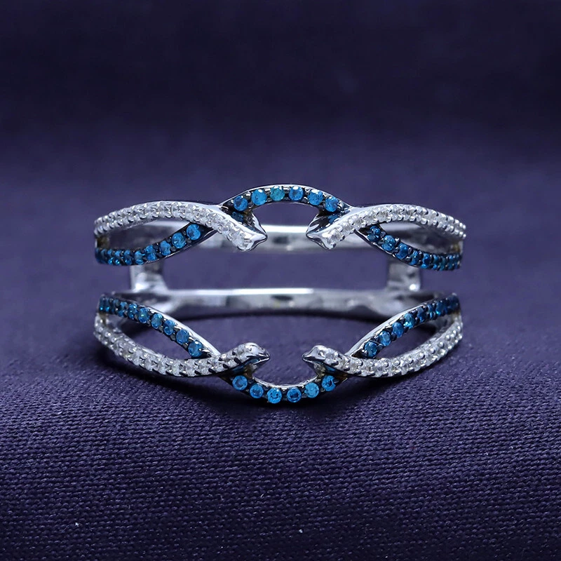 Anillo envolvente protector sólido 925 redondo diamante simulado azul y blanco Foto 3 de 4