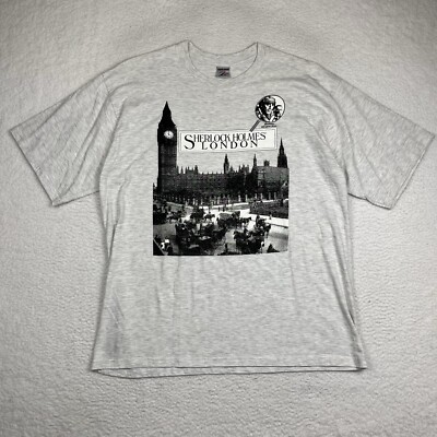 Vintage Sherlock Holmes London T-Shirt XL Grey 221b Baker Street Museum Graphic