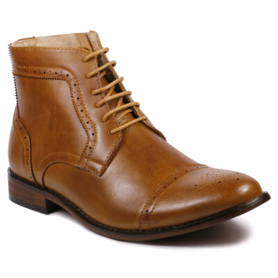 Tan Brown Men's Lace Up Side Zipper Cap Toe Fashion Casual Dress Boot