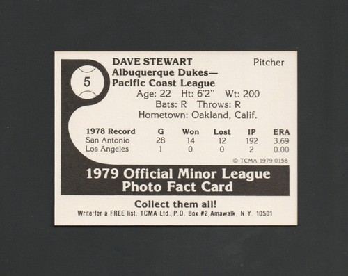 Rare 1979 TCMA Albuquerque Dukes DAVE STEWART RC #5 ~ LA DODGERS - Picture 2 of 2