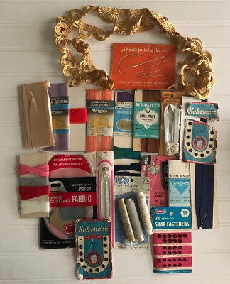 Lot Of Vintage Sewing Items Seam Binding, Needles, Fasteners, Mending Patches