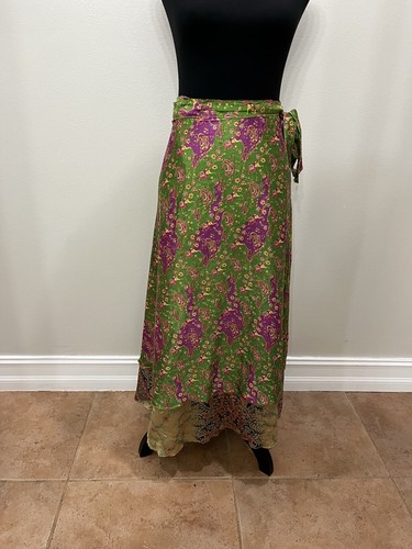 Reversible Sari Wrap Skirt Womens Midi Silk Blend Layered Gold Burgundy Gypsy - Picture 3 of 7