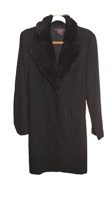 Zara Basic Black Dress Coat Jacket Faux Fur Removable Collar Fitted Size 10 USA