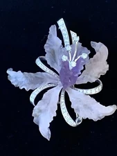 Tiffany & Co 14K Deco Rock Crystal Diamond Orchid Flower Ribbon Pin Brooch 2 TCW