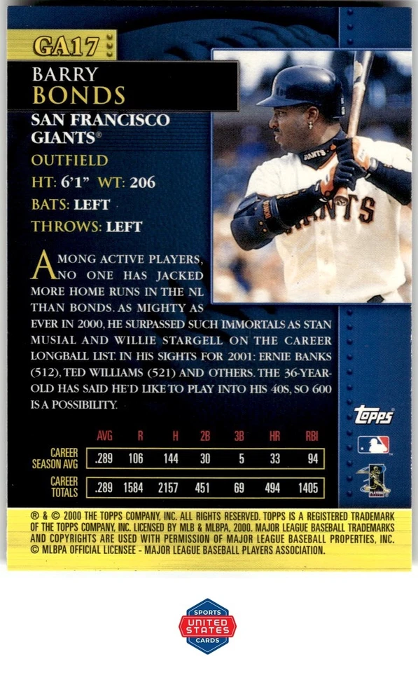 2001 Topps #GA17 Barry Bonds Golden Anniversary - Image 2 of 2