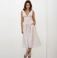 HOUSE OF CB 'Paloma' Vintage Cream Satin Pleated Midi Dress, Size S