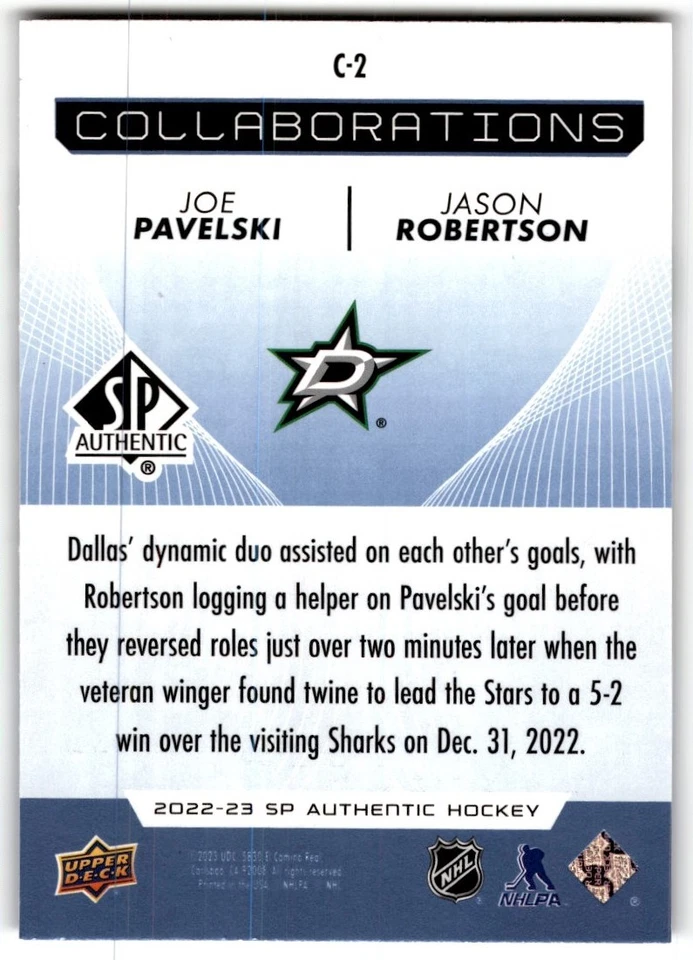 Joe Pavelski/Jason Robertson 2022-23 SP Authentic Collaborations Blue #C-2 - Image 2 of 2