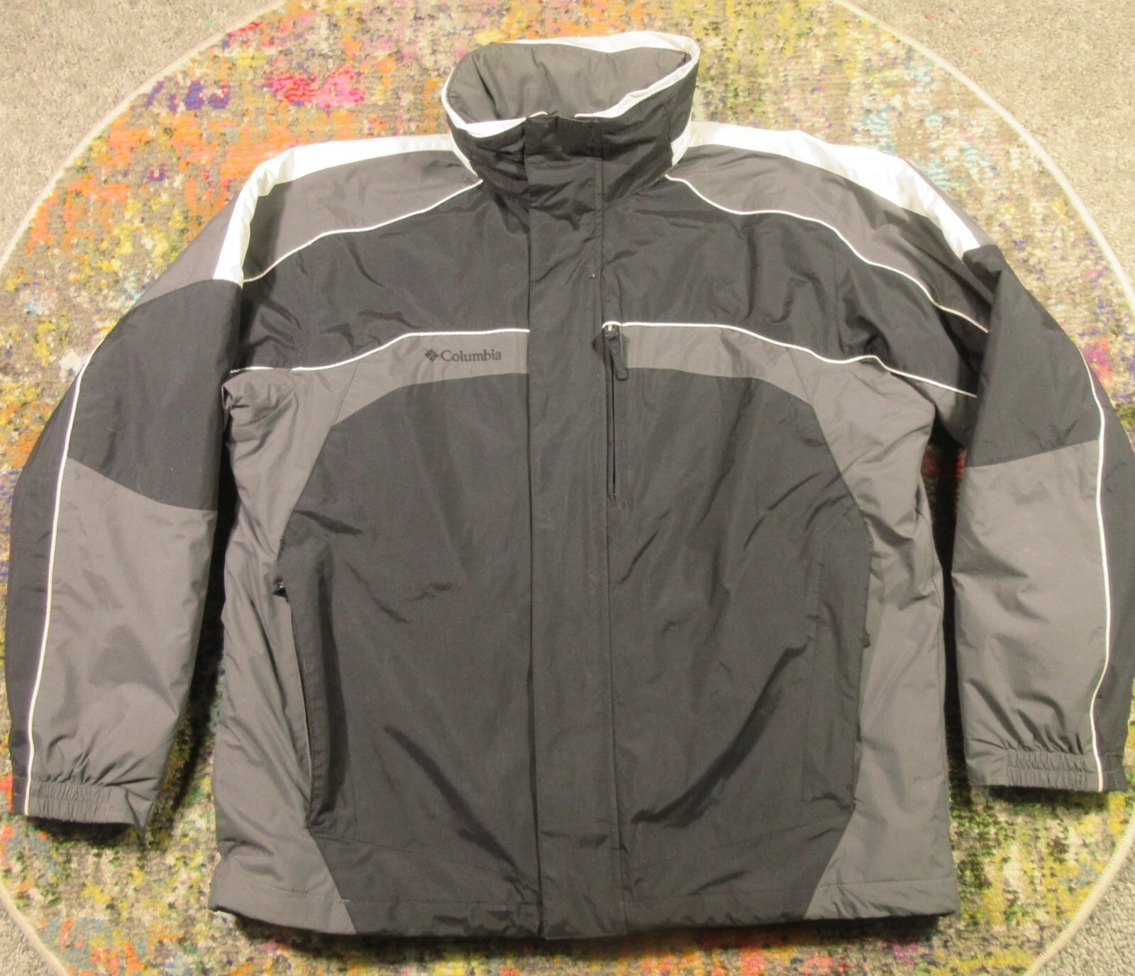 Columbia Jacket Mens L Black Gray Hid Hood Lined Water Resistant Nylon EUC