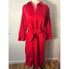 Talbots Red Shirt Dress Belted Midi Cotton Stretch Button Front Women 16