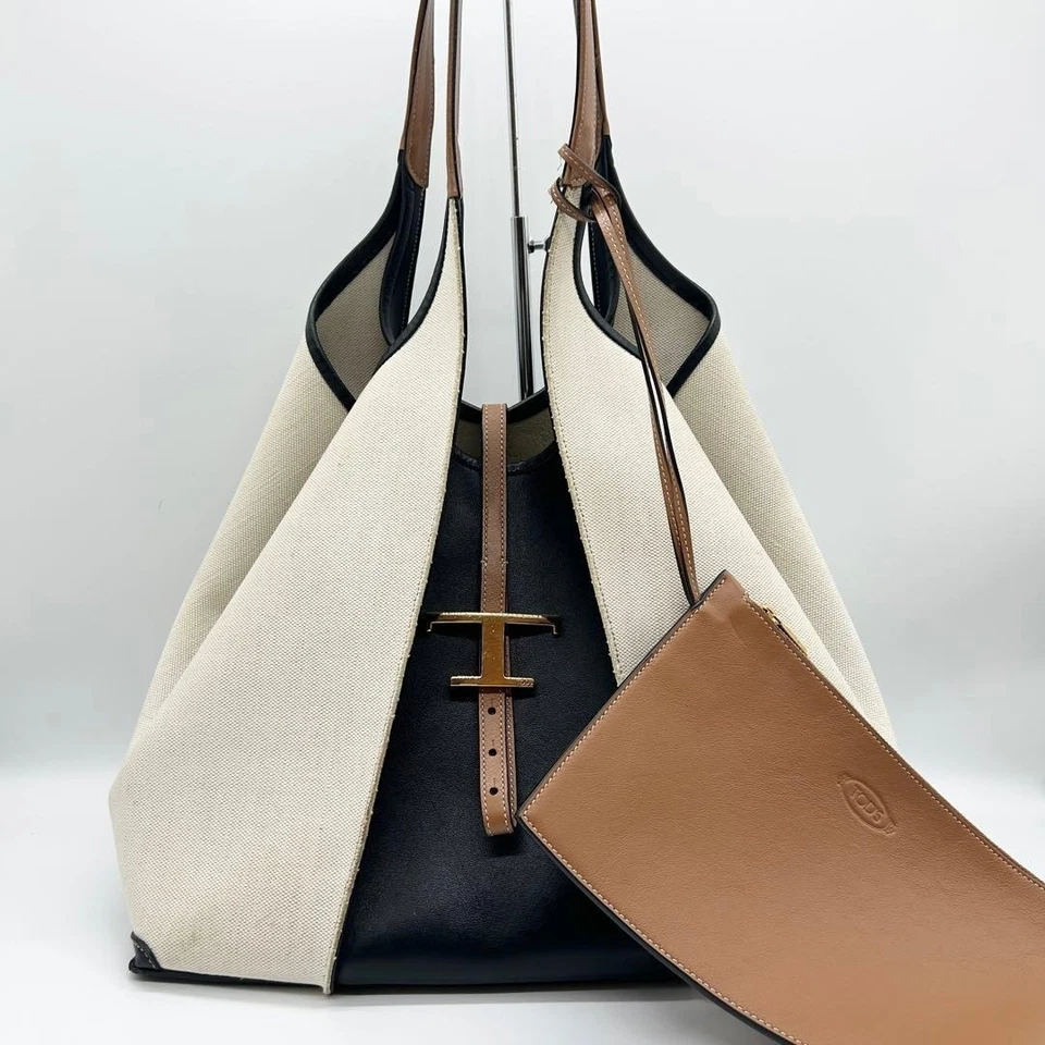 Tod’s T Timeless Shoulder Bag Off-White Black Canvas Leather Authentic Used 1023 - Image 3 of 4