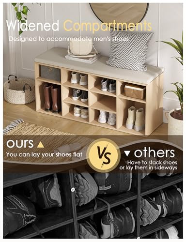 Shoe Storage Bench with Cushion, 12-Cubby Shoe Rack, Adjustable Shelves, - Picture 5 of 7