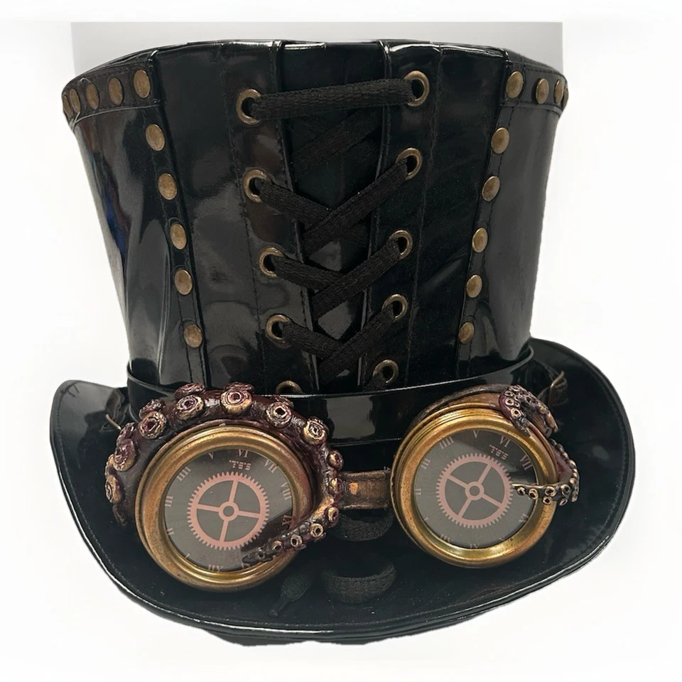 Sombrero de copa Steampunk negro de PVC con tachuelas 60 cm con gafas de pulpo hechas a mano Foto 3 de 4