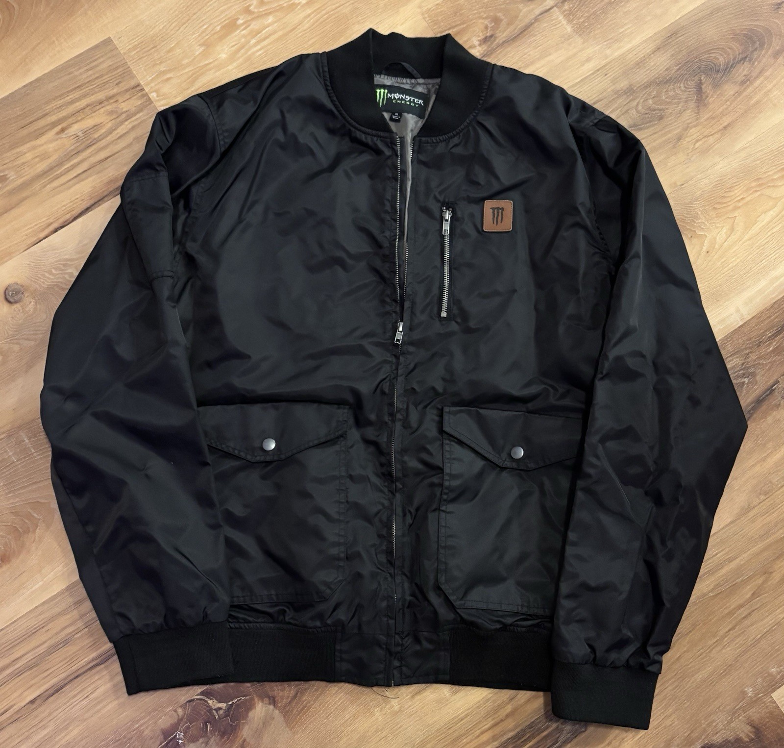 Monster Energy Jacket Men's XL Black Full Zip Track Lined Logo Zip Pockets