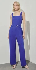 Ming Wang Belted Jumpsuit Sleeveless Stretch Deco Crepe Sapphire Sea L NWT $195