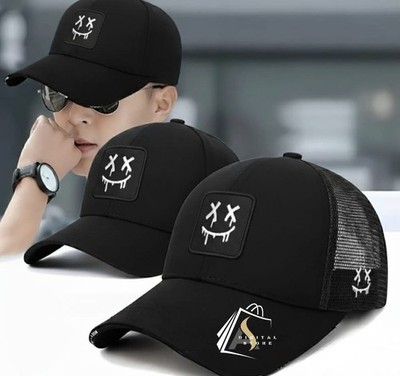 Baseball Smile Face X Eyes Embroidered Cartoon Cap Adjustable Unisex Streetwear.