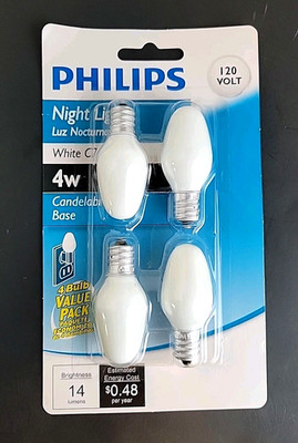 Philips  4 watt White Night Lights (C7 shape) w/Candelabra Base (4ct) - NEW