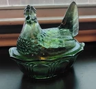 New ListingVintage Fenton Green Glass Nesting Hen  On Roost