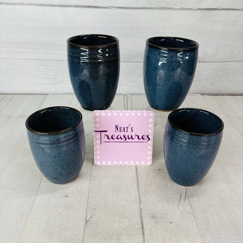 Jugtown Ware Studio Pottery Art Blue 1984 Speckled Flat Bottom 14 oz Cups Set 4