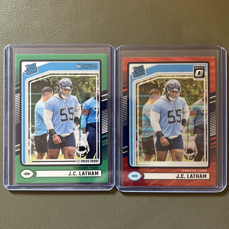JC Latham Red Wave & Green Press Proof Rated Rookie 2024 Panini Donruss Titans