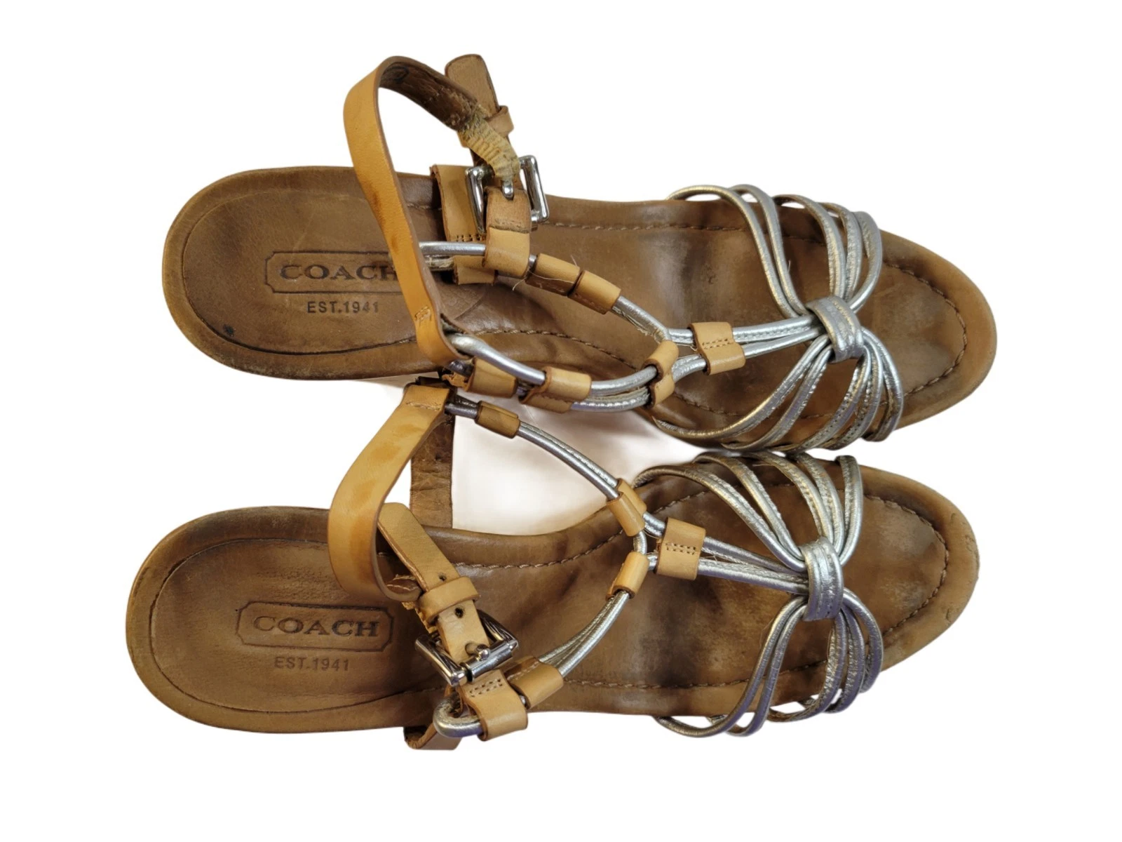 Scarpe sandalo donna Coach Georgiana argento marrone pelle sughero plateau zeppa 7 5