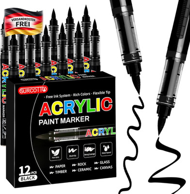 12 Schwarz Acrylstifte, Pinselspitze Acrylmarker, Acrylic Marker Set Für Holz, L