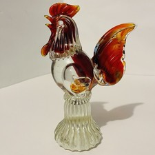 Vintage Murano Style Art Glass Rooster Amber Red Italian Figurine 8.5"