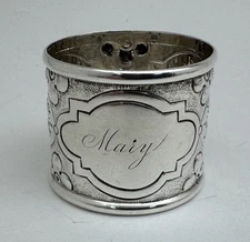 Fine Antique Victorian American Repousse Flowers Coin Silver Napkin Ring “MAIY”