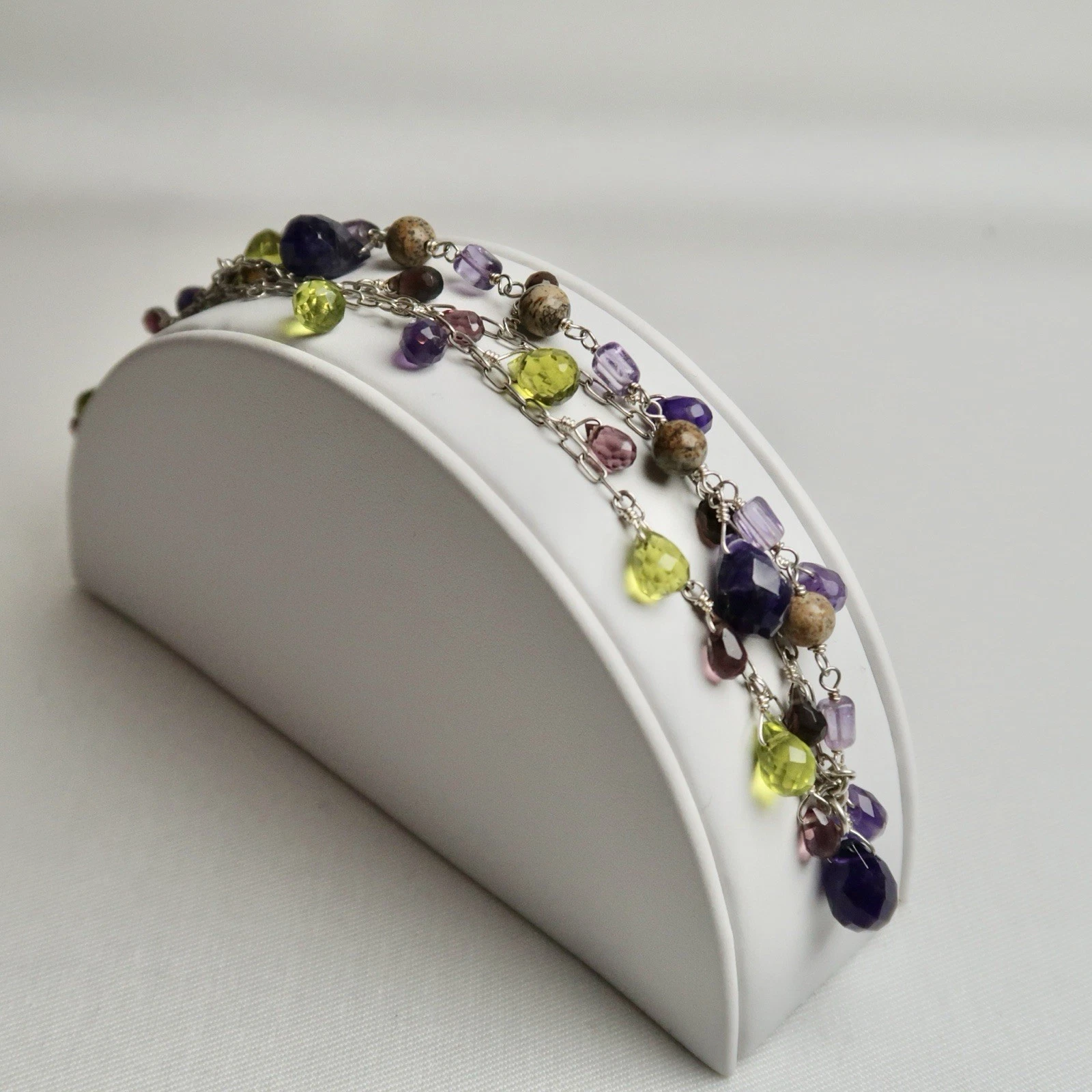 925 Sterling Silver Amethyst Peridot Dangling Gem Vintage Bracelet Jewelry Br120