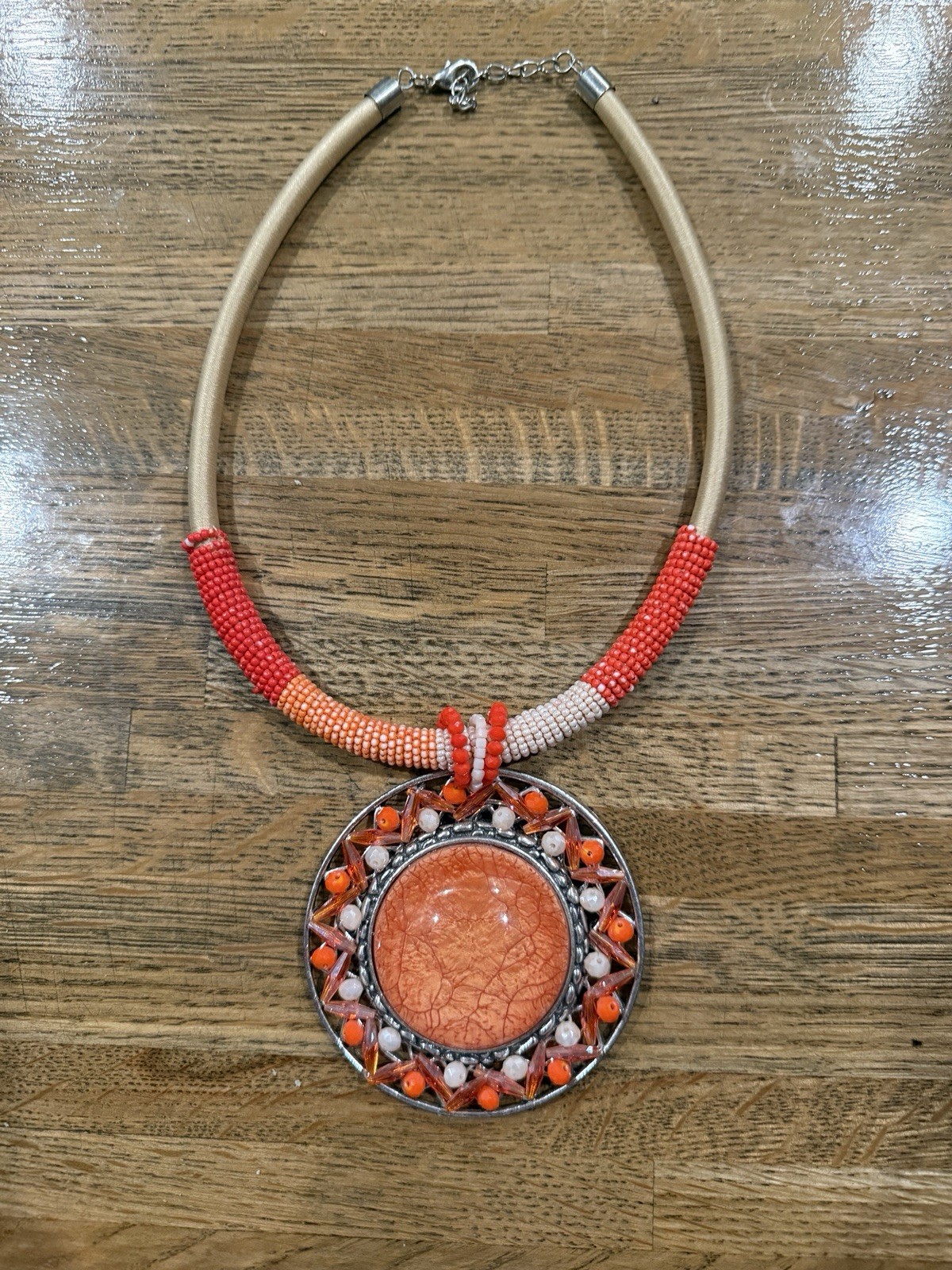 Boho Beaded Statement Necklace Orange Pendant Wra… - image 1