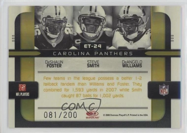 2008 Donruss Elite Teams Gold /200 DeAngelo Williams Steve Smith DeShaun Foster - Image 2 of 2