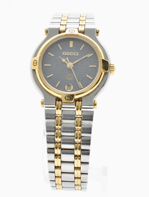 NEAR MINT ] GUCCI 9000L Black Dial Gold 25mm Two-Tone Quartz 