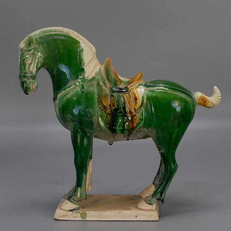Estatua china de porcelana de caballo de guerra verde cerámica esmaltada tricolor Tang 9,0 pulgadas Foto 2 de 4