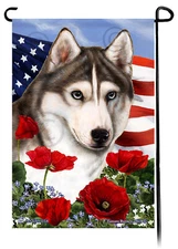 Patriotic Flowers Garden Flag - Blue-Eyed Grey and White Siberian Husky